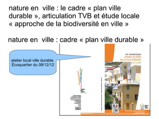 nature en ville : le cadre « plan ville
durable », articulation TVB et étude locale
« approche de la biodiversité en ville »
nature en ville : cadre « plan ville durable »
atelier local ville durable
Écoquartier du 08/12/12
 