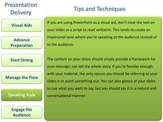Presentation
                                  Tips and Techniques
  Delivery
                  If you are using PowerPoint as a visual aid, don’t treat the text on
  Visual Aids
                  your slides as a script to read verbatim. This tends to create an
                  impersonal tone where you’re speaking at the audience instead of
   Advance
  Preparation     to the audience.


  Start Strong    The content on your slides should simply provide a framework for
                  your message, not tell the whole story. If you’re familiar enough
                  with your material, the only reason you should be referring to your
Manage the Flow
                  slides is to point something out. You can also glance at your slides
                  to cue what you want to say, but you should say it in a natural and
 Speaking Style   conversational manner.


  Engage the
   Audience
 