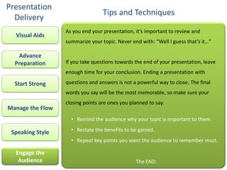 Presentation
                                  Tips and Techniques
  Delivery
                  As you end your presentation, it’s important to review and
  Visual Aids
                  summarize your topic. Never end with: “Well I guess that’s it…”

   Advance
  Preparation     If you take questions towards the end of your presentation, leave
                  enough time for your conclusion. Ending a presentation with

  Start Strong    questions and answers is not a powerful way to close. The final
                  words you say will be the most memorable, so make sure your
                  closing points are ones you planned to say.
Manage the Flow
                    • Remind the audience why your topic is important to them.

 Speaking Style     • Restate the benefits to be gained.
                    • Repeat key points you want the audience to remember most.

  Engage the
   Audience                                     The END.
 