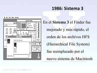 1986: Sistema 3

En el Sistema 3 el Finder fue
  mejorado y más rápido, el
  orden de los archivos HFS
  (Hierarchical File System)
  fue reemplazado por el
  nuevo sistema de Macintosh
 