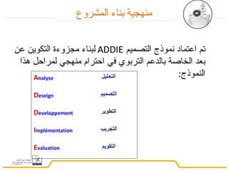 ‫منهجية بناء المشروع‬


‫تم اعتماد نموذج التصميم ‪ ADDIE‬لبناء مجزوءة التكوين عن‬
 ‫بعد الخاصة بالدعم التربوي في احترام منهجي لمراحل هذا‬
     ‫‪Analyse‬‬             ‫التحليل‬             ‫النموذج:‬

     ‫‪Deseign‬‬                ‫التصميم‬

     ‫‪Developpement‬‬          ‫التطوير‬

     ‫‪Implémentation‬‬         ‫التجريب‬

     ‫‪Evaluation‬‬             ‫التقويم‬
 