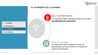 1219/10/2018 Journée de la section des archivistes des établissements de santé – 5 octobre 2018
3.4. LES PRINCIPES CLÉS : LES GAMMES
Game 1 copie fidèle attestée
la numérisation fidèle attestée permettant de produire
une attestation de numérisation
Gamme 2 copie fidèle
La numérisation fidèle consistant à fournir les
métadonnées techniques relatives à l'intégrité du
système de destination.
1. Contexte
2. Présentation
3. Le contenu
4. Les enjeux
 