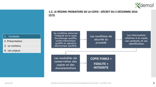 1. Contexte
2. Présentation
3. Le contenu
4. Les enjeux
319/10/2018 Journée de la section des archivistes des établissements de santé – 5 octobre 2018
1.2. LE RÉGIME PROBATOIRE DE LA COPIE : DÉCRET DU 5 DÉCEMBRE 2016
(2/2)
4
les conditions entourant
l’intégrité de la copie
(horodatage qualifié,
cachet électronique
qualifié ou signature
électronique qualifié)
Les conditions de
sécurité du
procédé
Les informations
relatives à la copie,
son contexte, et son
identification
Les modalités de
conservation des
copies et des
documentations
COPIE FIABLE =
FIDELITE +
INTEGRITE
 