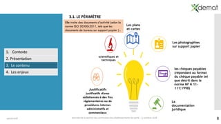 819/10/2018 Journée de la section des archivistes des établissements de santé – 5 octobre 2018
3.1. LE PÉRIMÈTRE
Justificatifs
justificatifs divers
collationnés à des fins
règlementaires ou de
procédures internes
administratifs et
commerciaux
Elle traite des documents d’activité (selon la
norme ISO 30300:2011, tels que les
documents de bureau sur support papier ) :
scientifiques et
techniques
1. Contexte
2. Présentation
3. Le contenu
4. Les enjeux
Les plans
et cartes
Les photographies
sur support papier
les chèques payables
(répondant au format
du chèque payable tel
que décrit dans la
norme NF K 11-
111:1998)
La
documentation
juridique
 