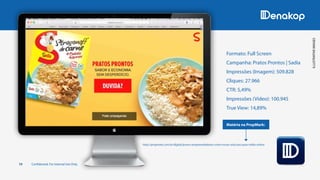 ILLUSTRATIVEIMAGES
19 Confidential. For Internal Use Only.
http://propmark.com.br/digital/jovens-empreendedores-criam-novas-solucoes-para-midia-online
Formato: Full Screen
Campanha: Pratos Prontos | Sadia
Impressões (Imagem): 509.828
Cliques: 27.966
CTR: 5,49%
Impressões (Vídeo): 100.945
True View: 14,89%
Matéria na PropMark:
 