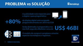 2 Confidential. For Internal Use Only.
PROBLEMA vs SOLUÇÃO
IMAGENSILUSTRATIVAS
A publicidade está migrando para
o digital e para programática
do display digital será comprado
programaticamente em 2018 nos EUA
Serão destinados à programática nos
nos EUA segundo eMarketer cerca de
O modelo de compra é complexo e envolve
aspectos tecnológicos e logísticos
+80%
US$ 46BI
 