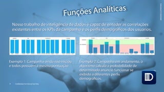 7 Confidential. For Internal Use Only.
IMAGENSILUSTRATIVAS
Funções Analíticas
Exemplo 1: Campanha ainda não iniciou
e todos possuem a mesma pontuação
Exemplo 2: Campanha em andamento, o
algoritmo calcula a probabilidade de
determinado anúncio funcionar se
exibido a diferentes perﬁs
demográﬁcos.
Exemplo 1: Campanha ainda não iniciou
e todos possuem a mesma pontuação
Nosso trabalho de inteligência de dados é capaz de enteder as correlações
existentes entre os KPIs da campanha e os perﬁs demográﬁcos dos usuários.
Nosso trabalho de inteligência de dados é capaz de enteder as correlações
existentes entre os KPIs da campanha e os perﬁs demográﬁcos dos usuários.
Exemplo 2: Campanha em andamento, o
algoritmo calcula a probabilidade de
determinado anúncio funcionar se
exibido a diferentes perﬁs
demográﬁcos.
 