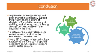 Conclusion
Deployment of energy storage and
peak-shaving is significantly support
the present and the future of
electricity. The relation among grid
stability, peak shaving, and the Energy
Storage can be expressed in the
diagram on the side.
 Deployment of energy storage and
peak-shaving is positively effect to
economy and environment.
Every EST (energy storage technology)
has its Pros and Cons so it is applied
depending on what applications and
energy scales demand.
5/28/2017 Vi Binh Quang Le / ELE 791 Control of Distributed Generation 28
Utility-scale
energy storage
will optimize grid
Peak
Shaving
Grid
stabilization
 