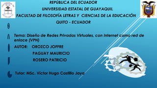 REPÚBLICA DEL ECUADOR
UNIVERSIDAD ESTATAL DE GUAYAQUIL
FACULTAD DE FILOSOFÍA LETRAS Y CIENCIAS DE LA EDUCACIÓN
QUITO - ECUADOR
Tema: Diseño de Redes Privadas Virtuales, con Internet como red de
enlace (VPN)
AUTOR: OROZCO JOFFRE
PAGUAY MAURICIO
ROSERO PATRICIO
Tutor: MSc. Víctor Hugo Castillo Jaya
 