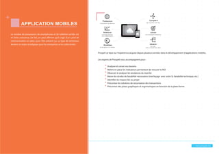 + www.prospek.ma
APPLICATION MOBILES
Le nombre de possesseurs de smartphones et de tablettes tactiles est
en forte croissance. De fait, on peut affirmer qu’il s’agit d’un canal de
communication en plein essor. Être présent sur ce type de terminaux
devient un enjeu stratégique pour les entreprises et les collectivités.
Prospek se base sur l'expérience acquise depuis plusieurs années dans le développement d'applications mobiles.
Les experts de Prospek vous accompagnent pour :
Analyser et cerner vos besoins
Mettre en place les indicateurs permettant de mesurer le ROI
Observer et analyser les tendances du marché
Mener les études de faisabilité nécessaires (interfaçage avec votre SI, faisabilité technique, etc.)
Identifier les risques liés au projet
Préconiser les solutions de sécurisation des transactions
Préconiser des pistes graphiques et ergonomiques en fonction de la plate-forme
 