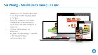 Su Wong - Meilleures marques inc.
● Site Web pour la division détail
dans le but de présenter les produits
de la marque.
● Approche responsive permettant une
expérience de consultation optimale
sur les différents types d’appareils.
● Le site a été développé
sur Wordpress.
● WE_ARE a pris en charge la
création, le développement et la
maintenance du site.
 