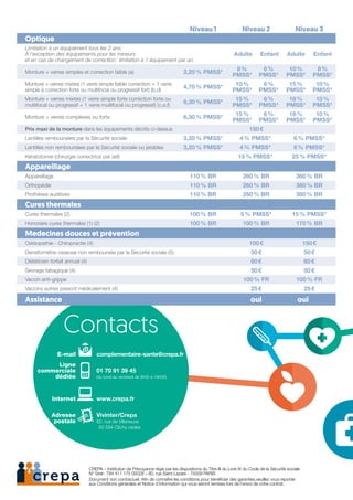 Contacts
	 E-mail 	 	 complementaire-sante@crepa.fr
	Ligne
	commerciale	 	 01 70 91 39 45
	dédiée	 	 (du lundi au vendredi de 9h00 à 18h00)
	Internet	 	 www.crepa.fr
	
	Adresse	 	 Vivinter/Crepa
	 postale	 	 82, rue de Villeneuve
			 92 584 Clichy cedex
CREPA – Institution de Prévoyance régie par les dispositions du Titre III du Livre IX du Code de la Sécurité sociale
N° Siret : 784 411 175 00028 – 80, rue Saint-Lazare - 75009 PARIS
Document non contractuel. Afin de connaître les conditions pour bénéficier des garanties,veuillez vous reporter
aux Conditions générales et Notice d’information qui vous seront remises lors de l’envoi de votre contrat.
Niveau 1 Niveau 2 Niveau 3
Optique
Limitation à un équipement tous les 2 ans.
À l’exception des équipements pour les mineurs
et en cas de changement de correction : limitation à 1 équipement par an.
Adulte Enfant Adulte Enfant
Monture + verres simples et correction faible (a) 3,20 % PMSS*
8 %
PMSS*
6 %
PMSS*
10 %
PMSS*
8 %
PMSS*
Monture + verres mixtes (1 verre simple faible correction + 1 verre
simple à correction forte ou multifocal ou progressif fort) (b,d)
4,70 % PMSS*
10 %
PMSS*
6 %
PMSS*
15 %
PMSS*
10 %
PMSS*
Monture + verres mixtes (1 verre simple forte correction forte ou
multifocal ou progressif + 1 verre multifocal ou progressif) (c,e,f)
6,30 % PMSS*
15 %
PMSS*
6 %
PMSS*
18 %
PMSS*
10 %
PMSS*
Monture + verres complexes ou forts 6,30 % PMSS*
15 %
PMSS*
6 %
PMSS*
18 %
PMSS*
10 %
PMSS*
Prix maxi de la monture dans les équipements décrits ci-dessus 150 €
Lentilles remboursées par la Sécurité sociale 3,20 % PMSS* 4 % PMSS* 6 % PMSS*
Lentilles non remboursées par la Sécurité sociale ou jetables 3,20 % PMSS* 4 % PMSS* 6 % PMSS*
Kératotomie (chirurgie correctrice par œil) 15 % PMSS* 25 % PMSS*
Appareillage
Appareillage 110 % BR 260 % BR 360 % BR
Orthopédie 110 % BR 260 % BR 360 % BR
Prothèses auditives 110 % BR 260 % BR 360 % BR
Cures thermales
Cures thermales (2) 100 % BR 5 % PMSS* 15 % PMSS*
Honoraire cures thermales (1) (2) 100 % BR 100 % BR 170 % BR
Medecines douces et prévention
Ostéopathie - Chiropractie (4) 100 € 150 €
Densitométrie osseuse non remboursée par la Sécurité sociale (5) 50 € 50 €
Diététicien forfait annuel (4) 60 € 60 €
Sevrage tabagique (4) 50 € 50 €
Vaccin anti-grippe 100 % FR 100 % FR
Vaccins autres prescrit médicalement (4) 25 € 25 €
Assistance oui oui oui
 
