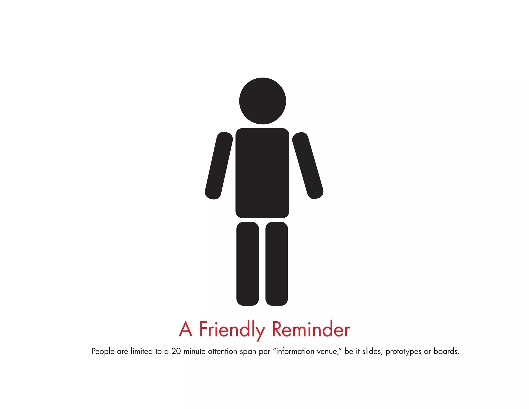 A Friendly Reminder
People are limited to a 20 minute attention span per “information venue,” be it slides, prototypes or boards.
 