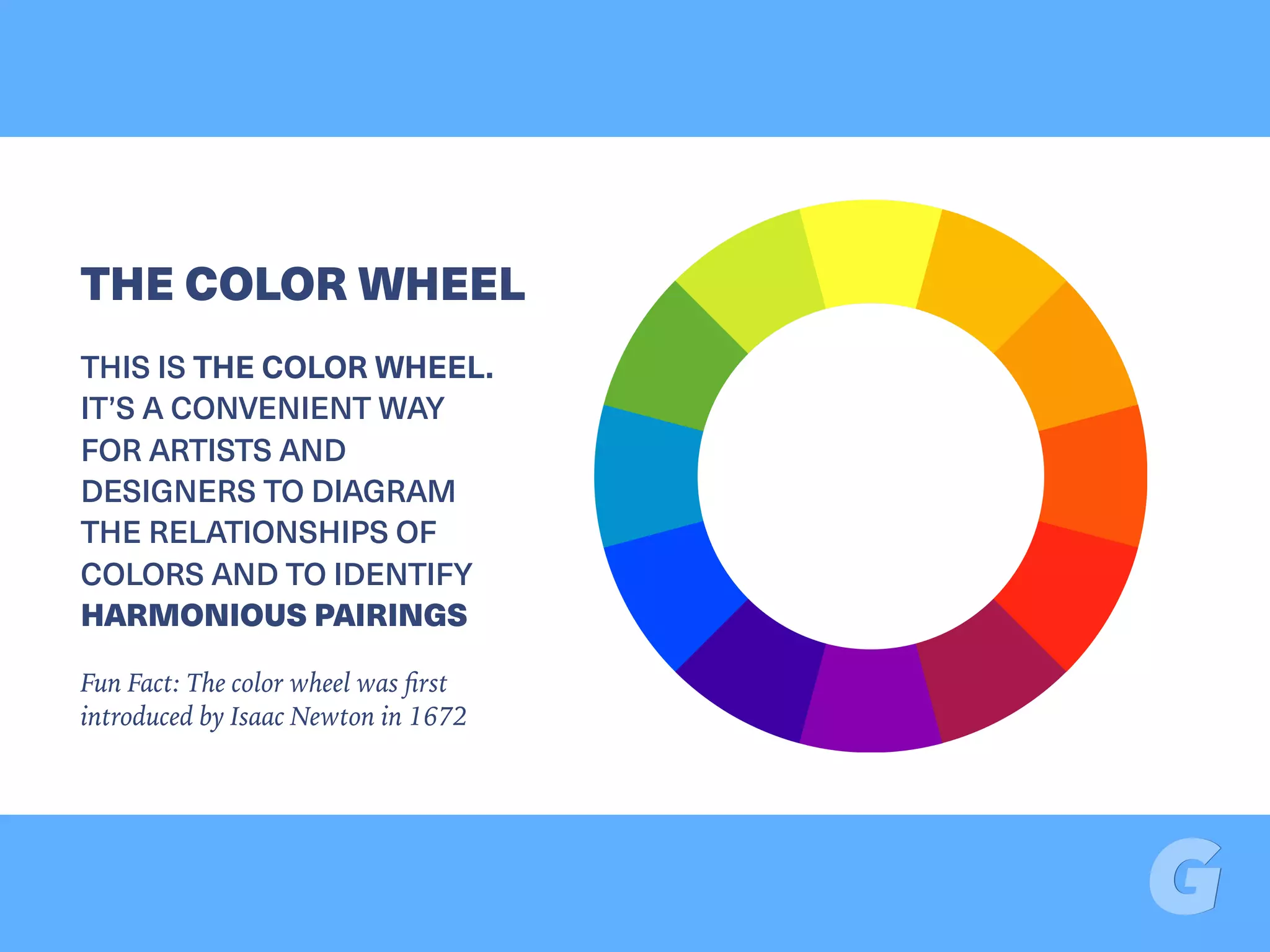 THIS IS THE COLOR WHEEL.
IT’S A CONVENIENT WAY
FOR ARTISTS AND
DESIGNERS TO DIAGRAM
THE RELATIONSHIPS OF
COLORS AND TO IDENTIFY
HARMONIOUS PAIRINGS
Fun Fact: The color wheel was ﬁrst
introduced by Isaac Newton in 1672
THE COLOR WHEEL
 
