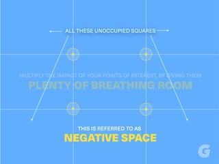 MULTIPLY THE IMPACT OF YOUR POINTS OF INTEREST, BY GIVING THEM
PLENTY OF BREATHING ROOM
ALL THESE UNOCCUPIED SQUARES
THIS IS REFERRED TO AS
NEGATIVE SPACE
 