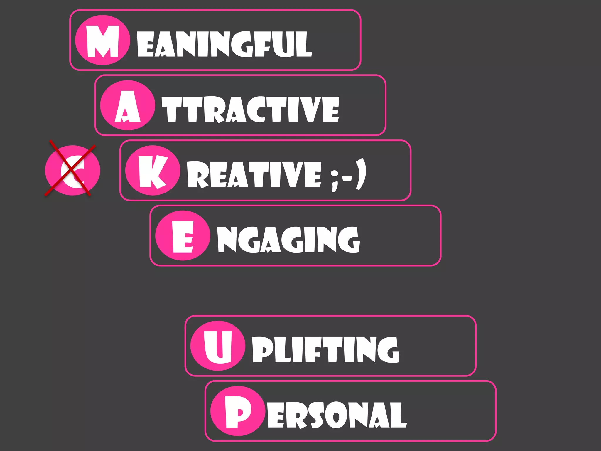 M   eaningful
    A    ttractive
C       k   Reative ;-)
            E   ngaging


                u   plifting
                P   ersonal
 