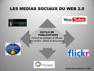LES MEDIAS SOCIAUX DU WEB 2.0




                OUTILS DE
               PUBLICATIONS
        Permet de partager et diffuser
       des photos, vidéos et documents.




                                          Sandie Renard Master 1 ITEF
 