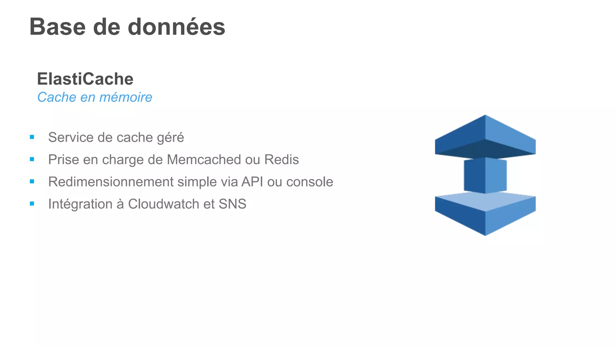 Base de données
ElastiCache
Cache en mémoire
§  Service de cache géré
§  Prise en charge de Memcached ou Redis
§  Redimensionnement simple via API ou console
§  Intégration à Cloudwatch et SNS
 