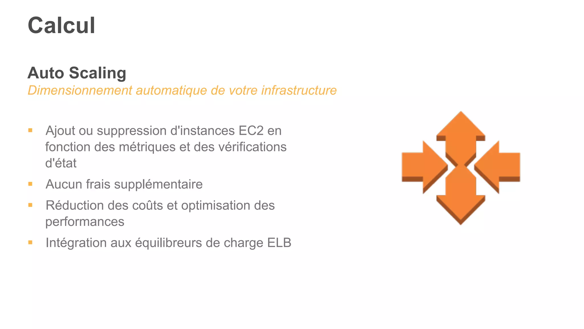 Auto Scaling
Dimensionnement automatique de votre infrastructure
§  Ajout ou suppression d'instances EC2 en
fonction des métriques et des vérifications
d'état
§  Aucun frais supplémentaire
§  Réduction des coûts et optimisation des
performances
§  Intégration aux équilibreurs de charge ELB
Calcul
 