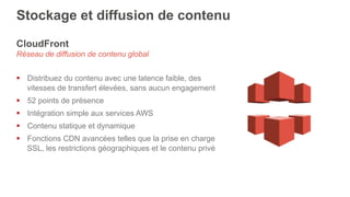CloudFront
Réseau de diffusion de contenu global
§  Distribuez du contenu avec une latence faible, des
vitesses de transfert élevées, sans aucun engagement
§  52 points de présence
§  Intégration simple aux services AWS
§  Contenu statique et dynamique
§  Fonctions CDN avancées telles que la prise en charge
SSL, les restrictions géographiques et le contenu privé
Stockage et diffusion de contenu
 