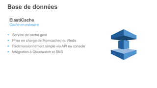 Base de données
ElastiCache
Cache en mémoire
§  Service de cache géré
§  Prise en charge de Memcached ou Redis
§  Redimensionnement simple via API ou console
§  Intégration à Cloudwatch et SNS
 