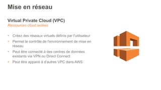 Mise en réseau
Virtual Private Cloud (VPC)
Ressources cloud isolées
§  Créez des réseaux virtuels définis par l'utilisateur
§  Permet le contrôle de l'environnement de mise en
réseau
§  Peut être connecté à des centres de données
existants via VPN ou Direct Connect
§  Peut être appairé à d'autres VPC dans AWS
 