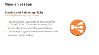 Mise en réseau
Elastic Load Balancing (ELB)
Equilibrage de charge d'application
§  Prend en charge l'équilibrage de charge du trafic
HTTP, HTTPS et TCP vers les instances EC2
§  Détecte et supprime les instances défaillantes
§  Croît et décroît dynamiquement en fonction du trafic
§  Intégration à Auto Scaling
 