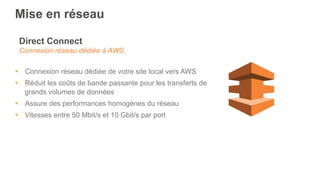 Mise en réseau
Direct Connect
Connexion réseau dédiée à AWS
§  Connexion réseau dédiée de votre site local vers AWS
§  Réduit les coûts de bande passante pour les transferts de
grands volumes de données
§  Assure des performances homogènes du réseau
§  Vitesses entre 50 Mbit/s et 10 Gbit/s par port
 