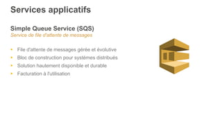 Services applicatifs
Simple Queue Service (SQS)
Service de file d'attente de messages
§  File d'attente de messages gérée et évolutive
§  Bloc de construction pour systèmes distribués
§  Solution hautement disponible et durable
§  Facturation à l'utilisation
 