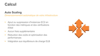 Auto Scaling
Dimensionnement automatique de votre infrastructure
§  Ajout ou suppression d'instances EC2 en
fonction des métriques et des vérifications
d'état
§  Aucun frais supplémentaire
§  Réduction des coûts et optimisation des
performances
§  Intégration aux équilibreurs de charge ELB
Calcul
 