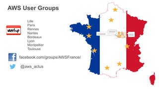 AWS User Groups
Lille
Paris
Rennes
Nantes
Bordeaux
Lyon
Montpellier
Toulouse
facebook.com/groups/AWSFrance/
@aws_actus
 