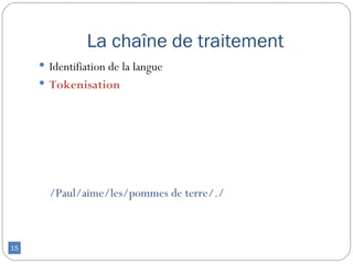 La chaîne de traitement
      Identifiation de la langue
      Tokenisation




       /Paul/aime/les/pommes de terre/./



15
 
