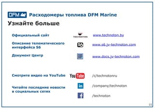 15
www.technoton.byОфициальный сайт
Описание телематического
интерфейса S6
Документ Центр
Смотрите видео на YouTube
Читайте последние новости
в социальных сетях
/c/technotonru
/company/technoton
/technoton
www.s6.jv-technoton.com
www.docs.jv-technoton.com
Узнайте больше
Расходомеры топлива DFM Marine
 