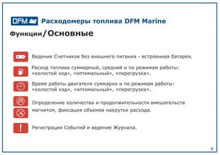 8
Функции/Основные
Расход топлива суммарный, средний и по режимам работы:
«холостой ход», «оптимальный», «перегрузка».
Время работы двигателя суммарно и по режимам работы:
«холостой ход», «оптимальный», «перегрузка».
Определение количества и продолжительности вмешательств
магнитом, фиксация объемов накрутки расхода.
Регистрация Событий и ведение Журнала.
Ведение Счетчиков без внешнего питания - встроенная батарея.
Расходомеры топлива DFM Marine
 