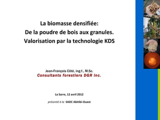 La biomasse densifiée:
De la poudre de bois aux granules.
Valorisation par la technologie KDS



        Jean-François Côté, ing.f., M.Sc.
     Consultants forestiers DGR inc.



               La Sarre, 12 avril 2012

          présenté à la SADC Abitibi-Ouest
 