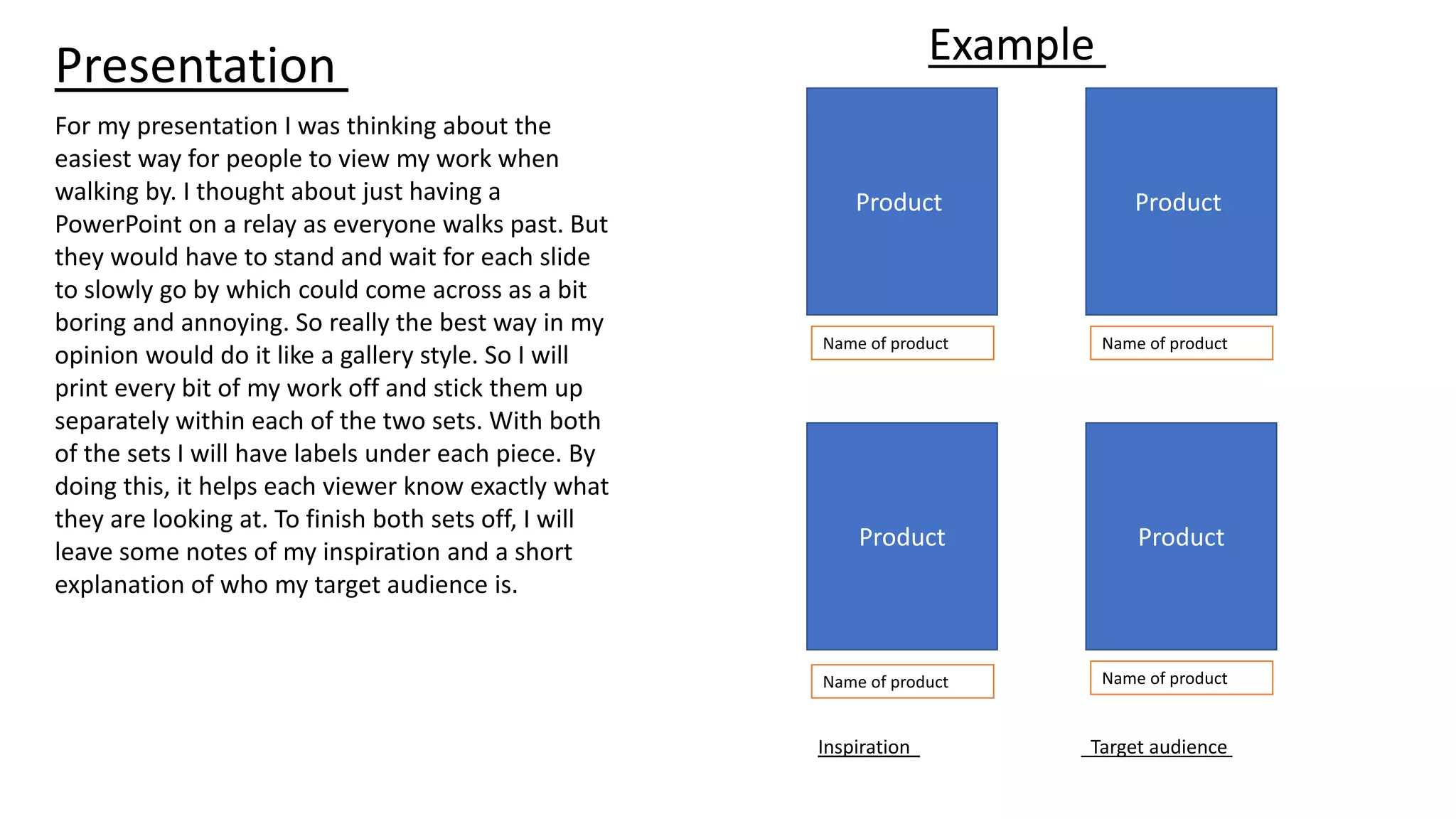 Presentation
For my presentation I was thinking about the
easiest way for people to view my work when
walking by. I thought about just having a
PowerPoint on a relay as everyone walks past. But
they would have to stand and wait for each slide
to slowly go by which could come across as a bit
boring and annoying. So really the best way in my
opinion would do it like a gallery style. So I will
print every bit of my work off and stick them up
separately within each of the two sets. With both
of the sets I will have labels under each piece. By
doing this, it helps each viewer know exactly what
they are looking at. To finish both sets off, I will
leave some notes of my inspiration and a short
explanation of who my target audience is.
Example
Product
Product
Product
Product
Name of product Name of product
Name of product Name of product
Inspiration Target audience
 