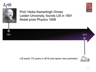 1
1901 2016
Prof. Heike Kamerlingh Onnes
Leiden University, founds LiS in 1901
Nobel prize Physics 1908
LiS exsits 115 years in 2016 and opens new premises!
 