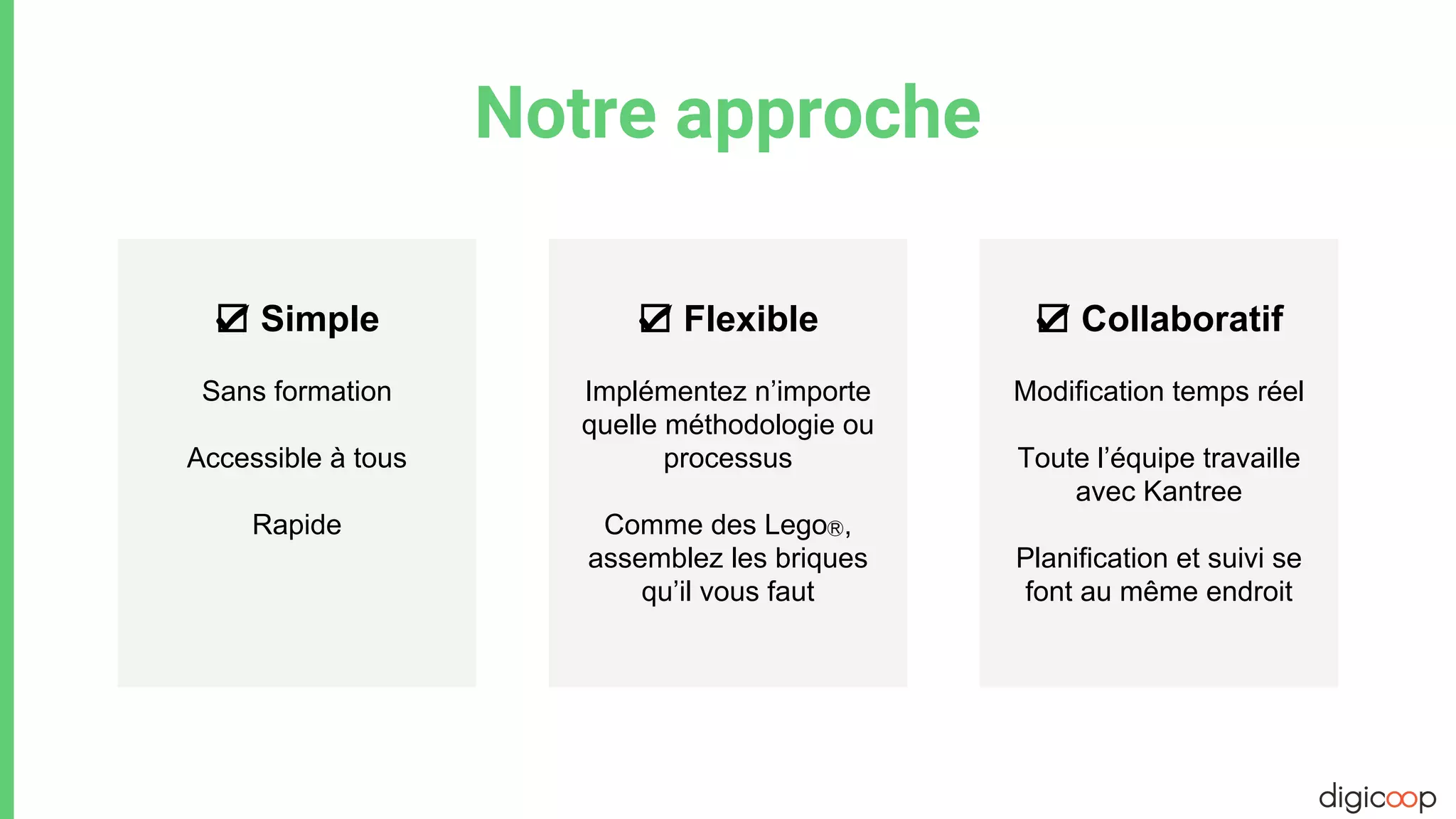 Notre approche
☑ Simple
Sans formation
Accessible à tous
Rapide
☑ Flexible
Implémentez n’importe
quelle méthodologie ou
processus
Comme des LegoⓇ,
assemblez les briques
qu’il vous faut
☑ Collaboratif
Modification temps réel
Toute l’équipe travaille
avec Kantree
Planification et suivi se
font au même endroit
 