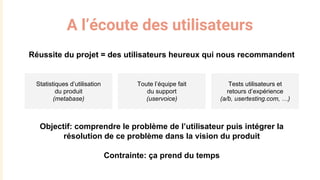 A l’écoute des utilisateurs
Réussite du projet = des utilisateurs heureux qui nous recommandent
Objectif: comprendre le problème de l’utilisateur puis intégrer la
résolution de ce problème dans la vision du produit
Contrainte: ça prend du temps
Statistiques d’utilisation
du produit
(metabase)
Toute l’équipe fait
du support
(uservoice)
Tests utilisateurs et
retours d’expérience
(a/b, usertesting.com, …)
 
