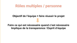 Rôles multiples / personne
Objectif de l’équipe = faire réussir le projet
Faire ce qui est nécessaire quand c’est nécessaire
Implique de la transparence / Esprit d’équipe
 
