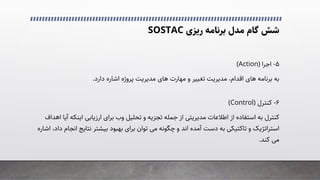 ‫رﯾﺰی‬ ‫ﺑﺮﻧﺎﻣﻪ‬ ‫ﻣﺪل‬ ‫ﮔﺎم‬ ‫ﺷﺶ‬
SOSTAC
۵
-
‫اﺟﺮا‬
)
Action
(
‫اﺷﺎره‬ ‫ﭘﺮوژه‬ ‫ﻣﺪﯾﺮﯾﺖ‬ ‫ﻫﺎی‬ ‫ﻣﻬﺎرت‬ ‫و‬ ‫ﺗﻐﯿﯿﺮ‬ ‫ﻣﺪﯾﺮﯾﺖ‬ ،‫اﻗﺪام‬ ‫ﻫﺎی‬ ‫ﺑﺮﻧﺎﻣﻪ‬ ‫ﺑﻪ‬
‫دارد‬
.
۶
-
‫ﮐﻨﺘﺮل‬
)
Control
(
‫ﺗﺤﻠﯿﻞ‬ ‫و‬ ‫ﺗﺠﺰﯾﻪ‬ ‫ﺟﻤﻠﻪ‬ ‫از‬ �‫ﻣﺪﯾﺮﯾﺘ‬ ‫اﻃﻼﻋﺎت‬ ‫از‬ ‫اﺳﺘﻔﺎده‬ ‫ﺑﻪ‬ ‫ﮐﻨﺘﺮل‬
‫وب‬
‫آﯾ‬ ‫اﯾﻨﮑﻪ‬ ‫ارزﯾﺎﺑﯽ‬ ‫ﺑﺮای‬
‫اﻫﺪاف‬ ‫ﺎ‬
‫و‬ ‫اﺳﺘﺮاﺗﮋﯾﮏ‬
�‫ﺗﺎﮐﺘﯿﮑ‬
‫آﻣﺪه‬ ‫دﺳﺖ‬ ‫ﺑﻪ‬
‫اﻧﺪ‬
‫ا‬ ‫ﻧﺘﺎﯾﺞ‬ ‫ﺑﯿﺸﺘﺮ‬ ‫ﺑﻬﺒﻮد‬ ‫ﺑﺮای‬ ‫ﺗﻮان‬ �‫ﻣ‬ ‫ﭼﮕﻮﻧﻪ‬ ‫و‬
،‫داد‬ ‫ﻧﺠﺎم‬
‫اﺷﺎره‬
‫ﮐﻨﺪ‬ �‫ﻣ‬
.
 