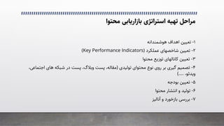 ‫ﻣﺤﺘﻮا‬ ‫ﺑﺎزارﯾﺎﺑﯽ‬ ‫اﺳﺘﺮاﺗﮋی‬ ‫ﺗﻬﯿﻪ‬ ‫ﻣﺮاﺣﻞ‬
۱
-
‫ﻫﻮﺷﻤﻨﺪاﻧﻪ‬ ‫اﻫﺪاف‬ ‫ﺗﻌﯿﯿﻦ‬
۲
-
‫ﻋﻤﻠﮑﺮد‬ ‫ﺷﺎﺧﺼﻬﺎی‬ ‫ﺗﻌﯿﯿﻦ‬
)
Key Performance Indicators
(
۳
-
‫ﻣﺤﺘﻮا‬ ‫ﺗﻮزﯾﻊ‬ ‫ﮐﺎﻧﺎﻟﻬﺎی‬ ‫ﺗﻌﯿﯿﻦ‬
۴
-
‫ﺗﻮﻟﯿﺪی‬ ‫ﻣﺤﺘﻮای‬ ‫ﻧﻮع‬ ‫روی‬ ‫ﺑﺮ‬ ‫ﮔﯿﺮی‬ ‫ﺗﺼﻤﯿﻢ‬
)
‫اﺟ‬ ‫ﻫﺎی‬ ‫ﺷﺒﮑﻪ‬ ‫در‬ ‫ﭘﺴﺖ‬ ،‫وﺑﻼگ‬ ‫ﭘﺴﺖ‬ ،‫ﻣﻘﺎﻟﻪ‬
،�‫ﺘﻤﺎﻋ‬
،‫وﯾﺪﺋﻮ‬
(....
۵
-
‫ﺑﻮدﺟﻪ‬ ‫ﺗﻌﯿﯿﻦ‬
۶
-
‫ﻣﺤﺘﻮا‬ ‫اﻧﺘﺸﺎر‬ ‫و‬ ‫ﺗﻮﻟﯿﺪ‬
۷
-
‫آﻧﺎﻟﯿﺰ‬ ‫و‬ ‫ﺑﺎزﺧﻮرد‬ �‫ﺑﺮرﺳ‬
 
