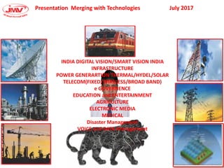 Presentation Merging with Technologies July 2017
INDIA DIGITAL VISION/SMART VISION INDIA
INFRASTRUCTURE
POWER GENERARTION THERMAL/HYDEL/SOLAR
TELECOM(FIXED/WIRELESS/BROAD BAND)
e GOVERNENCE
EDUCATION and ENTERTAINMENT
AGRICULTURE
ELECTRONIC MEDIA
MEDICAL
Disaster Management
VOICE and DATA Management
 