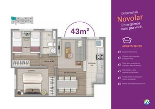 43m2
Entregamos
mais pra você.
Diferenciais
Novolar
APARTAMENTO
Cozinha Americana
Cozinha com bancada
e bojo em inox
Maior área revestida na
cozinha e área de serviço
Piso da sala e dos
quartos em laminado
Ampla janela na sala para
melhor ventilação
Melhor aproveitamento por m2
 