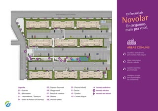 Legenda:
01 - Guarita
02 - Bicicletário
03 - Dependência / Serviços
04-SalãodeFestascomterraço
05 - Espaço Gourmet
06 - Playground
07 - Praça de convívio
08 - Fitness
09 - Piscina adulto
10 - Piscina infantil
11 - Ducha
12 - Quadra
13 - Castelo d’água
	 Acesso pedestres
	 Acesso veículos
	 Acesso aos blocos
01
03
04
06
05 09
08
10
12
11
13
07
02
Entregamos
mais pra você.
Diferenciais
Novolar
ÁREAS COMUNS
Guarita e antecâmara
para acesso mais seguro
Lazer com piscina
infantil e adulto
Quadra esportiva
pavimentada
Vestiários e copa
para funcionários
do condomínio
 