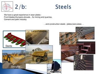 We have a great experience in wear plates :
Front blades,Dumpers,shovels…for mining and quarries,
Cement and palm industry
…and construction steels : plates,bars,tubes …
Dumper à plateau
Lame d’attaque
Chargeur
Godet
Dents
 