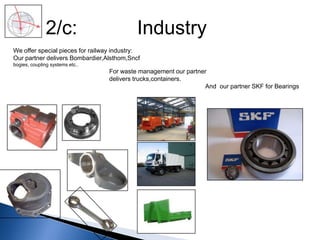 We offer special pieces for railway industry:
Our partner delivers Bombardier,Alsthom,Sncf
bogies, coupling systems etc..
For waste management our partner
delivers trucks,containers.
And our partner SKF for Bearings
2/c: Industry
 