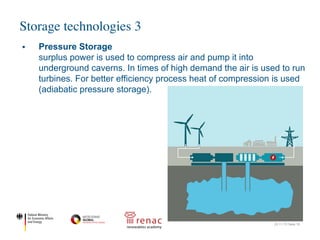 Storage technologies 3
22.11.17| Seite 18
§ Pressure Storage
surplus power is used to compress air and pump it into
underground caverns. In times of high demand the air is used to run
turbines. For better efficiency process heat of compression is used
(adiabatic pressure storage).
 