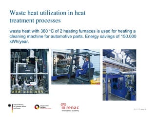 waste heat with 360 °C of 2 heating furnaces is used for heating a
cleaning machine for automotive parts. Energy savings of 150.000
kWh/year.
Waste heat utilization in heat
treatment processes
22.11.17| Seite 39
wärme der Härtereiöfen wird für die
ückgewinnung genutzt
Die Anlage kann sowohl von der Vorderseite mit dem Gabel-
stapler als auch von der Rückseite vollautomatisch beladen
werden
©Emo/Högl
©Emo/Högl
egung und den Eigenbau eines
zienten Rohrbündelwärmetau-
Der rund 130 °C hei-
ße Wasserdampf ver-
sorgt die Heizregister
der Reinigungsan-
lage, die vor der In-
stallation der Wär-
merückgewinnung
elektrisch beheizt
werden mussten.
„Mit diesem tech-
nologischen Quan-
tensprung erreichen
wir bereits heute ei-
ne Stromeinsparung
von über 150000 Ki-
lowattstunden jähr-
lich. Dabei ist das
Potenzial noch nicht
ausgereizt. Mit dem
Anschluss eines dritten Härteofens an
die Wärmerückgewinnung und weite-
ren Optimierungen sind Einsparungen
von über 200000 Kilowattstunden im
Jahr zu realisieren. Ziel sollte ein Be-
trieb ohne elektrische Zuheizung sein“,
betont IMS-Gear-Fertigungsstratege
geführten Warenkörbe haben die Ab-
messung 910 x 610 x 610 Millimeter, die
größeren über den Gabelstapler einge-
brachten Körbe messen 1220 x 800 x
950 Millimeter.
Die Sonderanlage arbeitet nach
dem Vaiocs-Verfahren (Vacuum As-
20 JOT Industrielle Teilereinigung 2016
Neues Energiesparkonzept
Teilereinigung mit Wärme aus
Härtereiöfen
Bei einem renommierten Zahnrad- und Getriebehersteller wurde vor kurzem eine Lösemittel-
Teilereinigungsanlage in Betrieb genommen, die von der Abwärme der Härtereiöfen beheizt wird.
Das Thema Industrie 4.0 ist bei
der IMS Gear Härterei mit ihren
knapp 50 Mitarbeitern kein Lippenbe-
kenntnis, sondern gelebter Produkti-
onsalltag. Alle Produktionseinrichtun-
gen sind digital miteinander vernetzt.
Am Leitstand lässt sich jede Aktivität
in der Produktion in Echtzeit beob-
achten. Für jedes einzelne Teil ist jeder
Prozessschritt bis ins letzte Detail do-
kumentiert und abrufbar.
Dieses Know-how nehmen immer
mehr Kunden vorwiegend aus der Au-
tomobilindustrieinAnspruch.ZumTei-
lespektrumzählenanspruchsvolleKom-
ponenten wie Einspritzdüsen für Die-
selmotoren, Antriebe für E-Bikes und
dergleichen mehr. Dazu Reinhold Heiz-
mann, General Manager der Business
Unit Härtereitechnik: „Wir haben uns
von der reinen Werkshärterei zum er-
folgreichenLohnhärterentwickelt.Mitt-
lerweile arbeiten wir zu rund 70 Prozent
für externe Kunden. Jährlich verlassen
weit über 100 Millionen Teile unseren
Betrieb. Dabei wollen wir sowohl Maß-
stäbe bei der Qualität setzen, als auch in
punkto Nachhaltigkeit und Effizienz.
Deshalb war für unsere neue Teilereini-
gungsanlagedieWärmerückgewinnung
aus den Härtereiöfen Pflicht.“
Technologische Herausforderung
Das Problem dabei: Kein Anbieter von
Teilereinigungsanlagen hat für Löse-
mittelprozesse eine Wärmerückgewin-
nung im Angebot. Auch Emo Ober-
flächentechnik hatte keine Lösung für
diesen Kundenwunsch im Programm.
Deshalb erhielt IMS Gear im ersten
Schritt eine Lösemittelreinigungsan-
lage mit elektrisch beheizten Regis-
tern mit dem Versprechen, die Wärme-
rückgewinnung aus den Härtereiöfen
binnen eines Jahres nachzurüsten. Ei-
ne mutige Zusage zu einer Zeit, in der
man von einer konkreten technischen
Lösung noch meilenweit entfernt war.
Meilenstein für Lösemittelanlagen
KonzeptionundRealisierungderHoch-
temperaturwärmerückgewinnung
brachten die Emo-Mannschaft zuwei-
len an ihre Grenzen. „Wir mussten die
komplette Anlage in Eigenregie entwi-
ckeln und bauen. Das fing bei der Ver-
rohrung an, ging über die komplizier-
Heute versorgt rund 130 °C heißer Wasserdampf die Heizregister der Reinigungsanlage, die
vor der Installation der Wärmerückgewinnung elektrisch beheizt werden mussten
©Emo/Högl
ANLAGENTECHNIK J O U R N A L F Ü R O B E R F L Ä C H E N T E C H N I K
Die Abwärme der Härtereiöfen wird für die
Wärmerückgewinnung genutzt
©Emo/Högl
te Auslegung und den Eigenbau eines
hocheffizienten Rohrbündelwärmetau-
Der rund 130 °C he
ße Wasserdampf ve
sorgt die Heizregiste
der Reinigungsan
lage, die vor der In
stallation der Wä
merückgewinnun
elektrisch beheiz
werden mussten
„Mit diesem tech
nologischen Quan
tensprung erreiche
wir bereits heute e
ne Stromeinsparun
von über 150000 K
lowattstunden jäh
lich. Dabei ist da
Potenzial noch nich
ausgereizt. Mit dem
Anschluss eines dr
die Wärmerückgew
ren Optimierungen
von über 200000 K
Jahr zu realisieren
trieb ohne elektrisc
betont IMS-Gear-
 