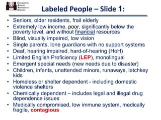 Labeled People – Slide 1:
• Seniors, older residents, frail elderly
• Extremely low income, poor, significantly below the
...